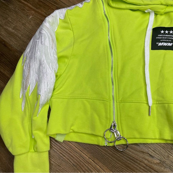 Mod Wave Movement Wings Cropped Hoodie Neon Green Size M - Picture 7 of 12